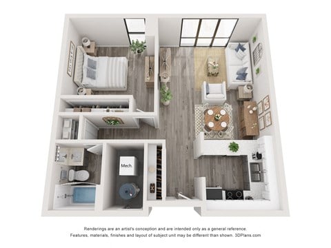 Floor plan for 1 bed, 1 bath, 780 sqft